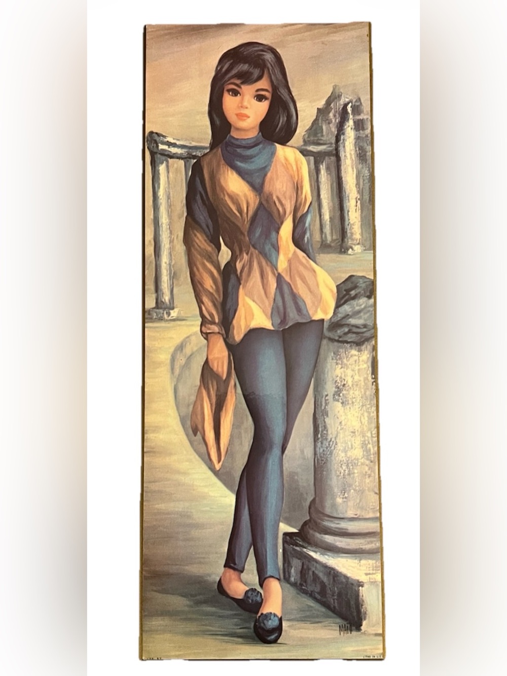 Vtg 1960s Jean Maio Big Eye Harlequin Girl Lithograph Wall Art